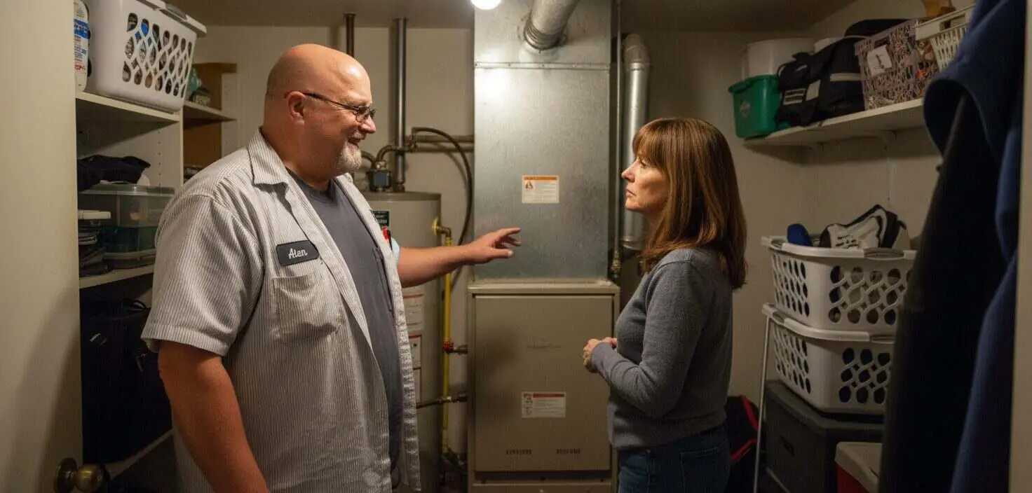 Ricotta technician explaining a furnace to a homeowner