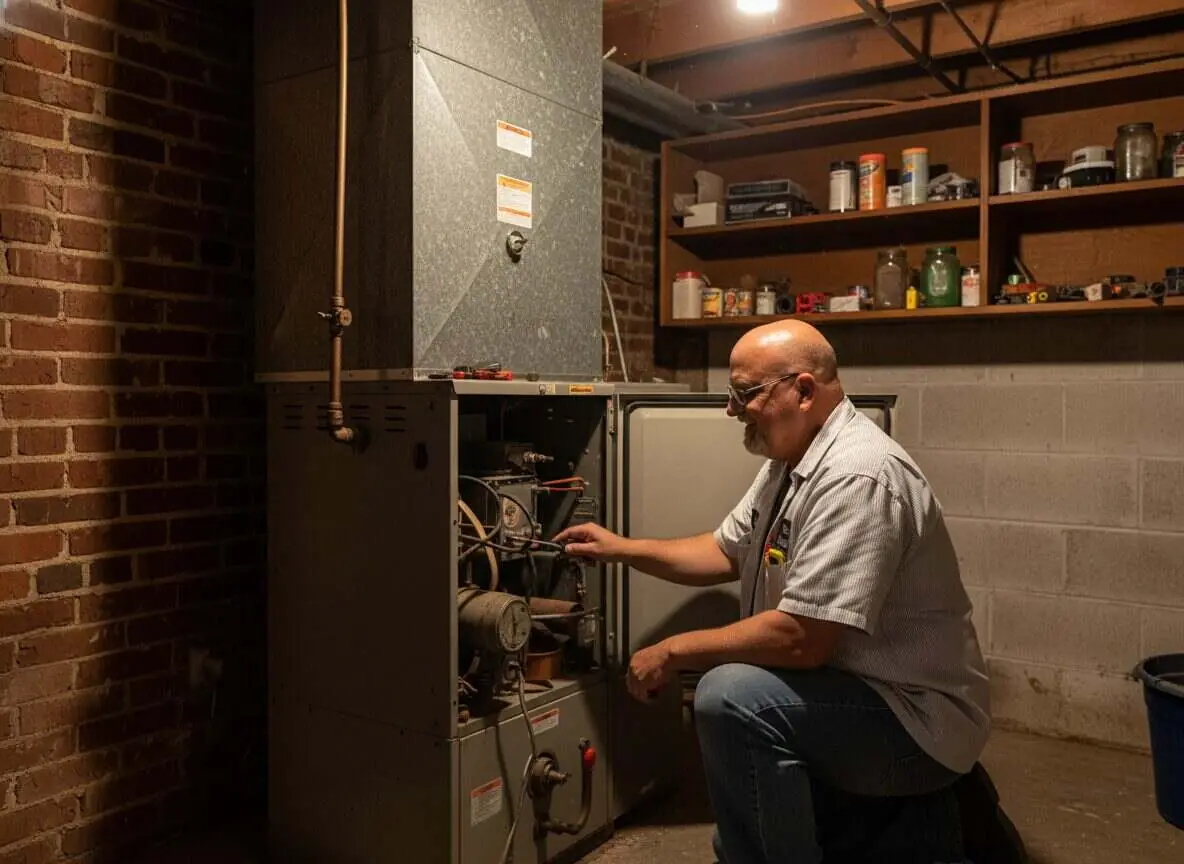 Ricotta technician inspecting a residential furnace in a basement