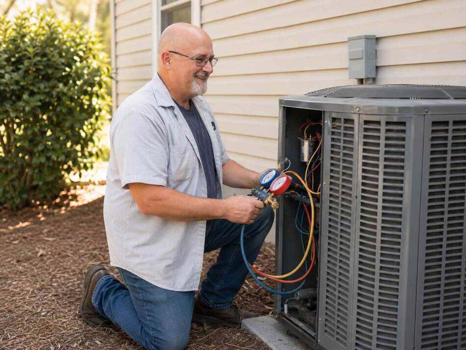 Ricotta HVAC technician servicing an outdoor air conditioning condenser at a Missouri home