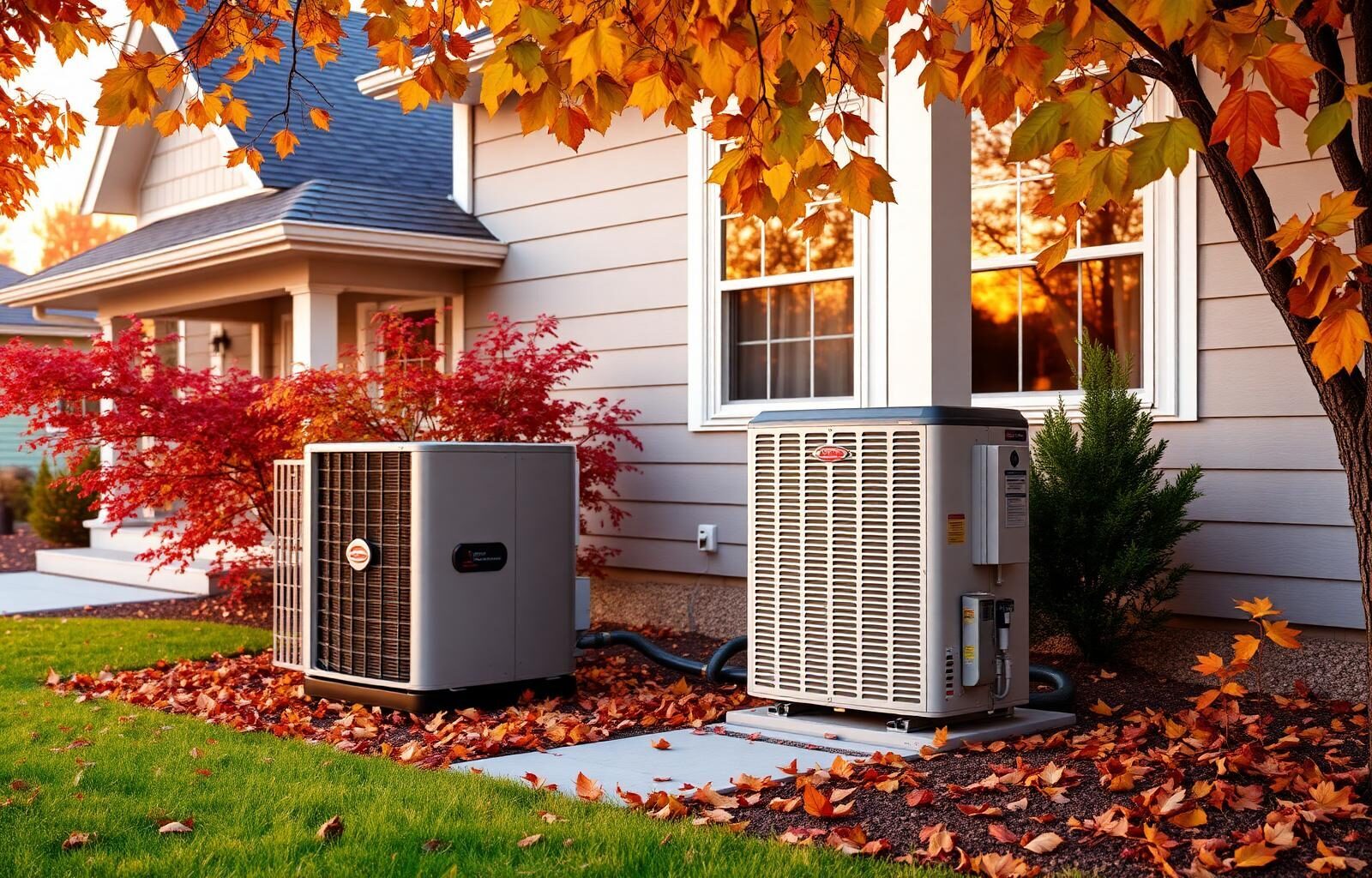 Residential heat pump unit beside a craftsman home in autumn