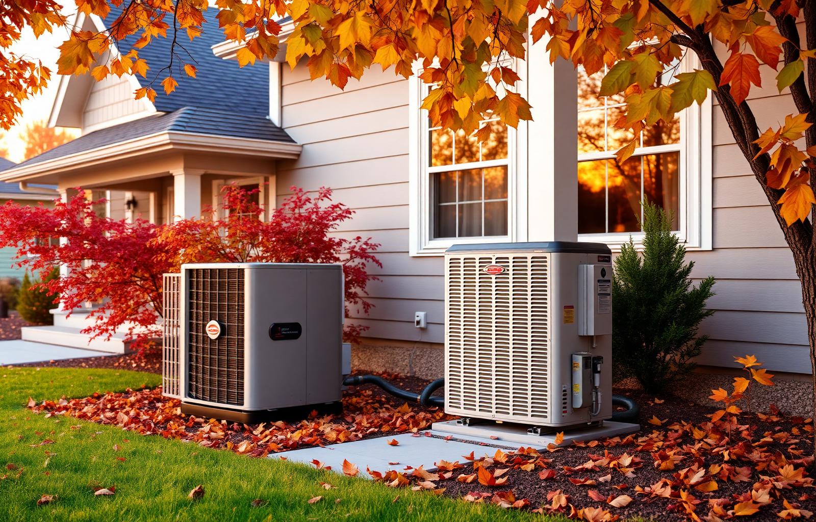 Residential heat pump unit beside a craftsman home in autumn
