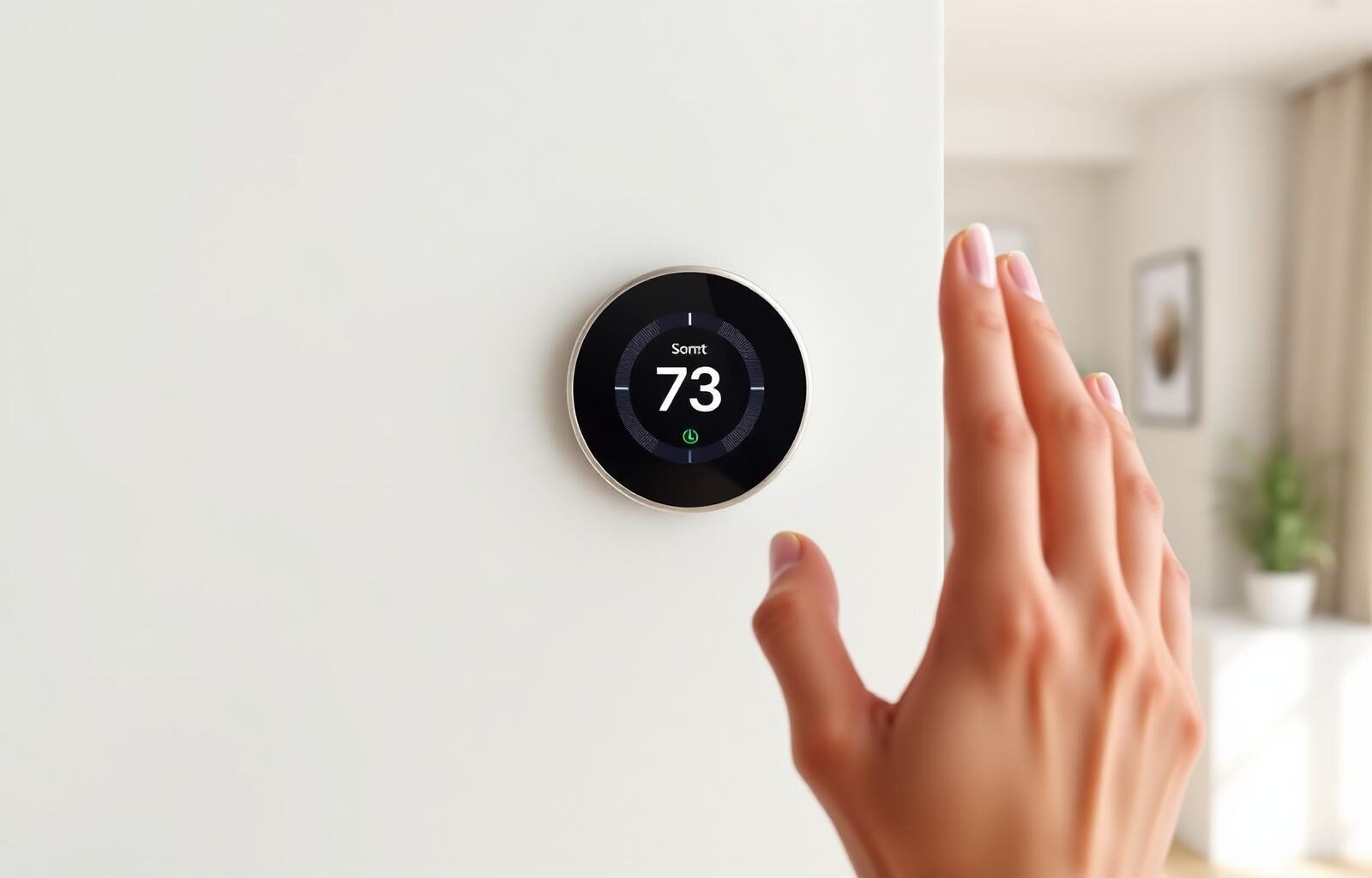 Modern smart thermostat being adjusted on a residential wall