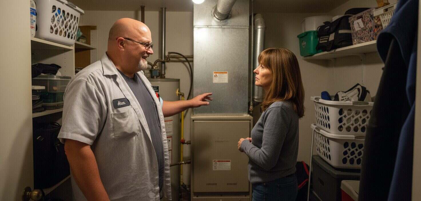 Ricotta technician explaining a furnace to a homeowner