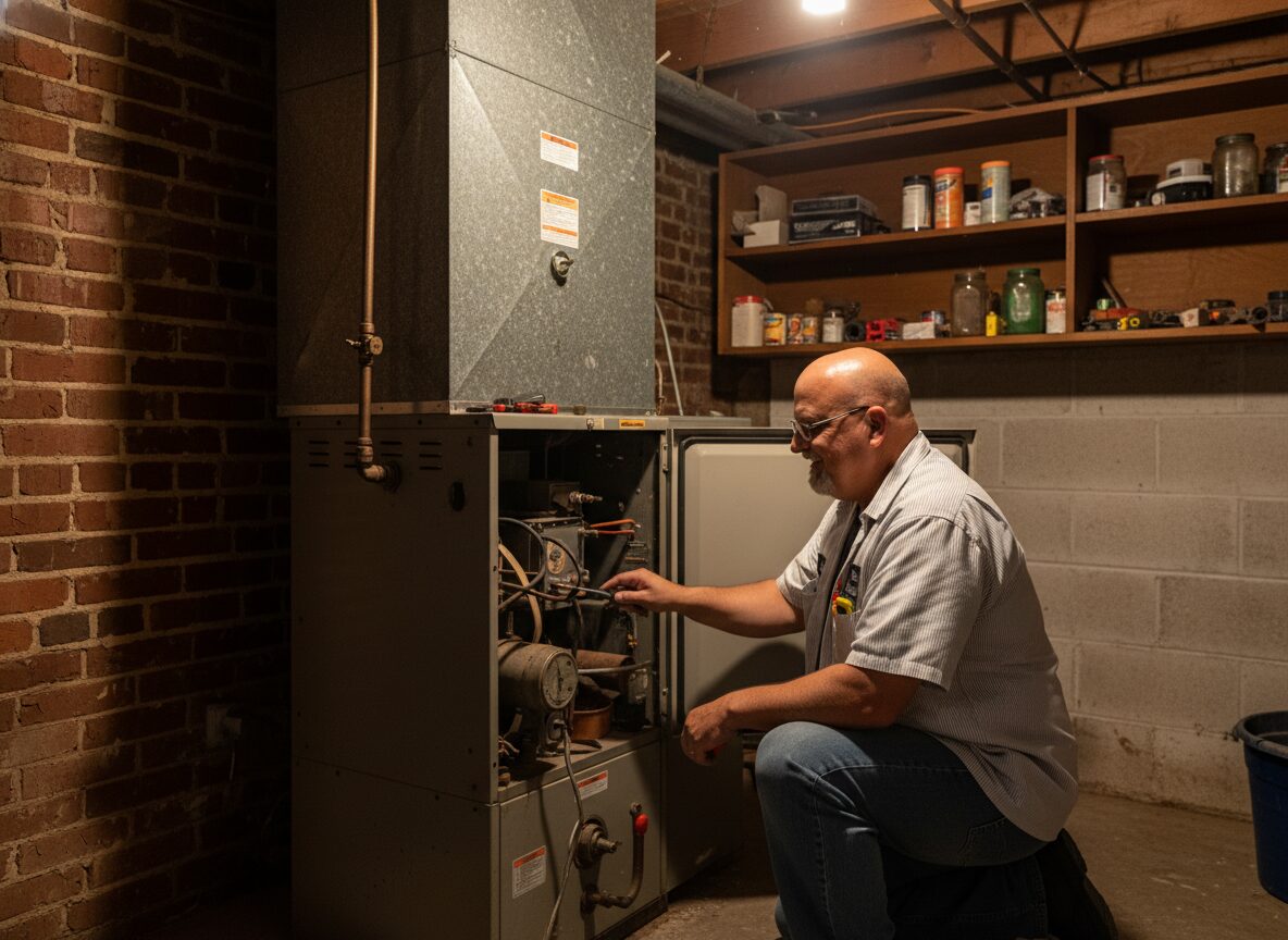 Ricotta technician inspecting a residential furnace in a basement